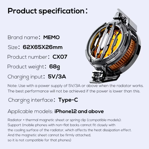 Memo Cx07 Mobile Phone Magnetic Cooling Fan